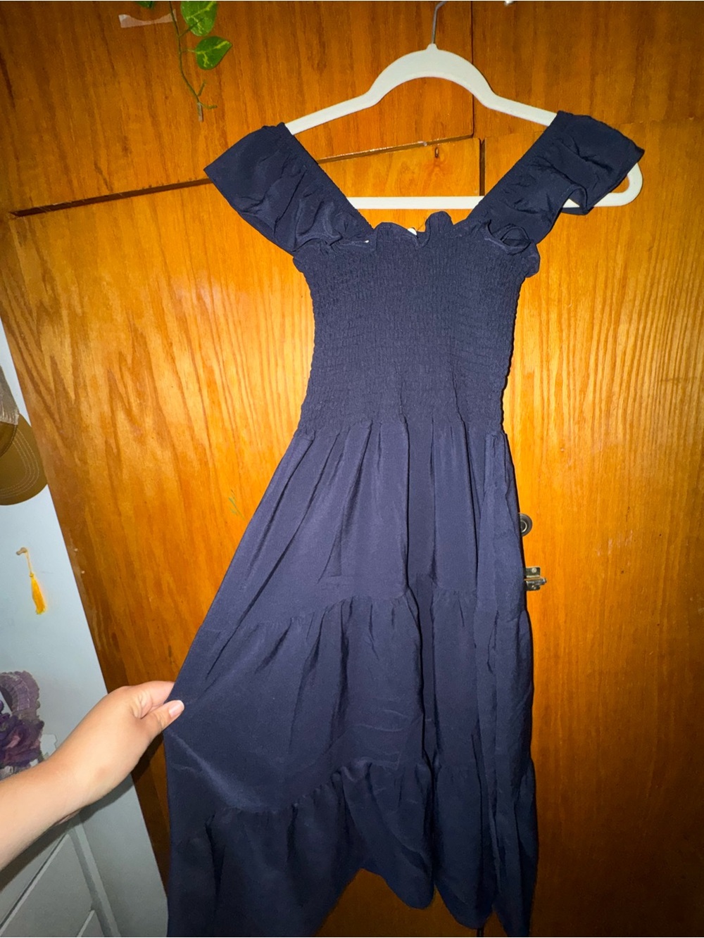 Smocked Navy Midi Dress with Ruffle Shoulder Straps